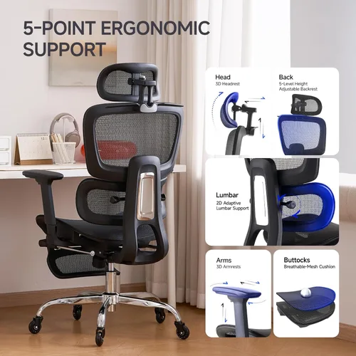 Miniatura 4 de Silla de oficina con reposapiés, silla ergonómica con almohada para el cuello y ruedas de goma, silla de computadora con respaldo ajustable y Negro