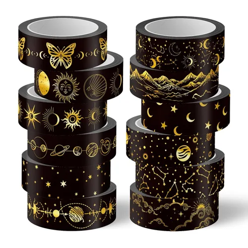 Miniatura 8 de Whaline Juego de 12 rollos de cinta washi con patrón de lámina dorada, cinta adhesiva con corazón, punto, raya arcoíris, juego de cintas decorativas