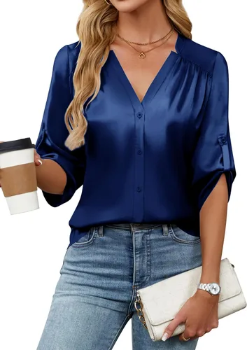 Miniatura 21 de Blooming Jelly Camisas con botones para mujer de manga 3/4, tops casuales elegantes, blusas de negocios de satén de seda plisado 2025