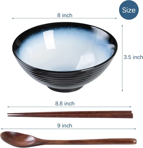 Miniatura 2 de Juego de cuencos de cerámica japoneses para ramen, 2 juegos de cuencos asiáticos para fideos para sopa Pho Udon con cucharas y palillos