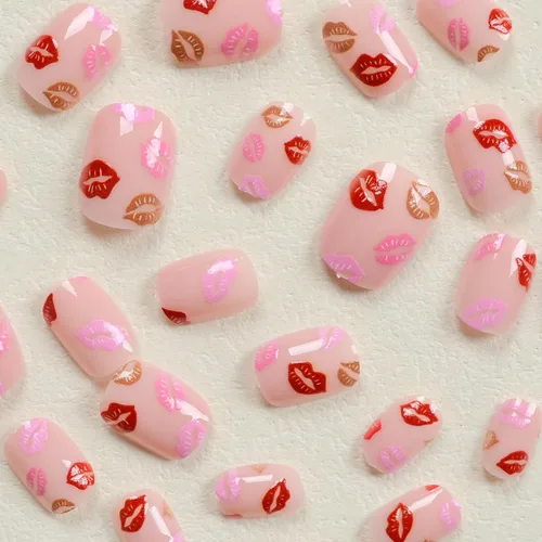Miniatura 3 de Uñas postizas a presión para San Valentín, uñas postizas cortas cuadradas MABKJLF nude con diseños de labios, cobertura completa, pegamento