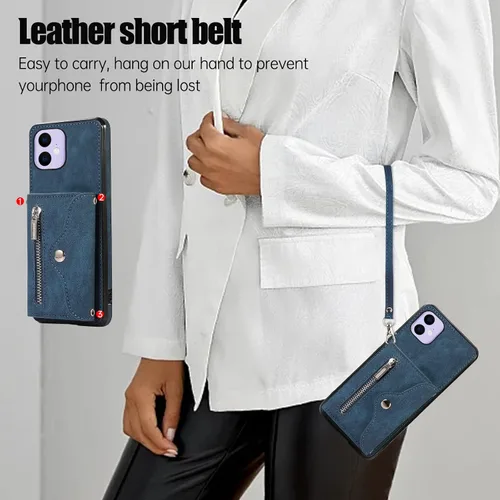 Miniatura 6 de Asuwish Funda de teléfono para iPhone 11 6.1 con correa cruzada para muñeca, soporte para tarjetas de crédito, accesorios de celda de cuero