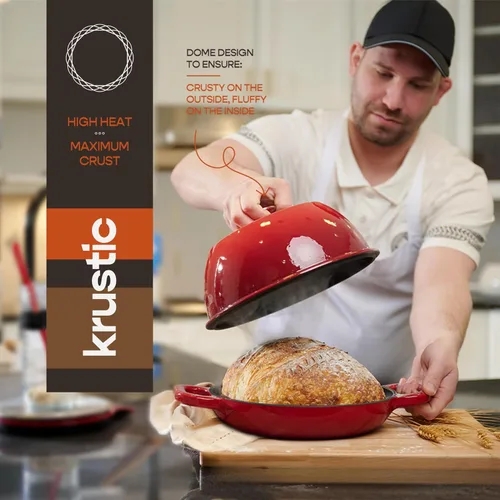 Miniatura 4 de Krustic Horno holandés de hierro fundido esmaltado para hornear pan de masa madre, olla de 6 cuartos de galón con tapa, juego de utensilios de Rojo