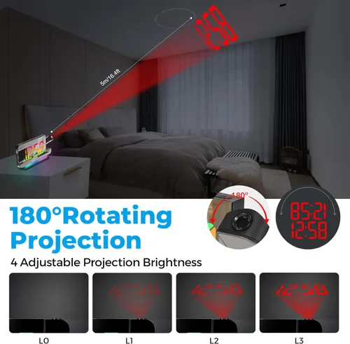 Miniatura 3 de Reloj despertador de proyección, relojes digitales LED RGB de 18.8 cm de pantalla grande, con proyector giratorio de 180°, luz nocturna, puerto
