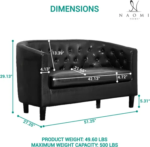 Miniatura 2 de Naomi Home Emma - Sofá biplaza moderno, sofá biplaza de piel sintética con cojines de felpa, marco de madera maciza, diseño capitonado, tapicería a