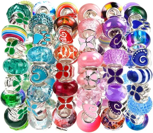 Miniatura 6 de 60 piezas de cuentas europeas surtidas con núcleo de cobre, espaciador de resina de agujero grande, sin núcleo de cobre, cuentas lampwork coloridas