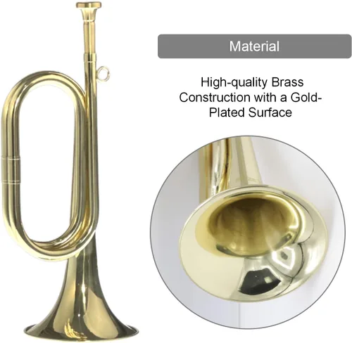 Miniatura 3 de CashBeat - Cuerno de corneta de latón chapado en oro, trompeta de caballería con bolsa y guantes Brass Instrument for Military Orchestra and