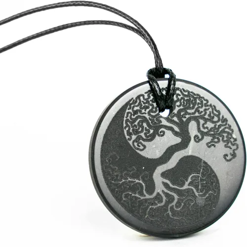 Karelian Heritage Colgante Shungite de forma redonda Colgante de joyería de cristal negro natural espiritual curativo Collar de amuleto de