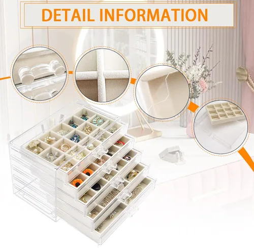 Miniatura 3 de Watpot Joyero acrílico con 5 cajones organizador de almacenamiento de pendientes transparente para mujeres y niñas color beige