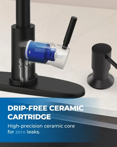 Miniatura 6 de WEWE Grifo de cocina con dispensador de jabón y rociador extraíble, grifo clásico de acero inoxidable de 3 modos para autocaravana, negro mate