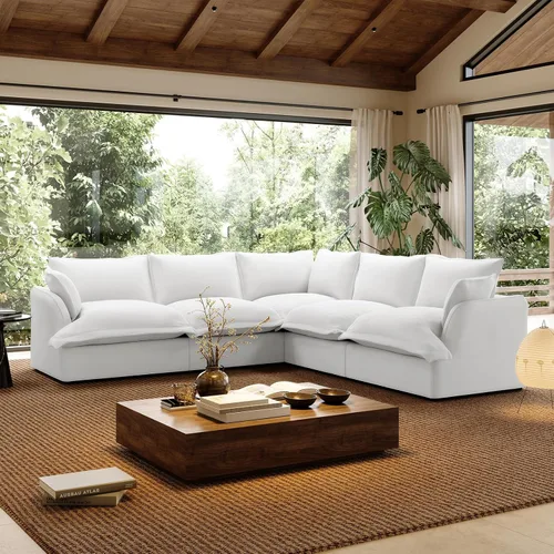 Miniatura 17 de Sofá modular de mezcla de lino para sala de estar, cómodo sofá modular con relleno de plumón, moderno sofá cama convertible con asiento profundo