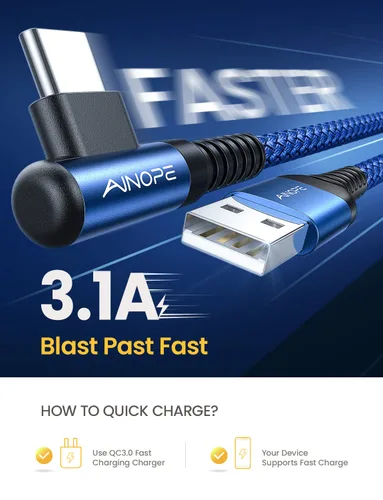 Miniatura 3 de AINOPE - Cable USB C de 1 metro en ángulo recto, paquete de 2 cables USB a USB C de 1 metro, cable USB A a USB C trenzado de nailon de 3.1A de carga