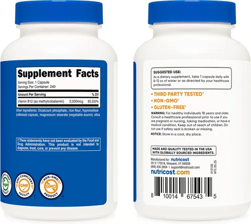 Miniatura 4 de Vitamina B12, 0.00007 oz, 240 cápsulas, Nutricost