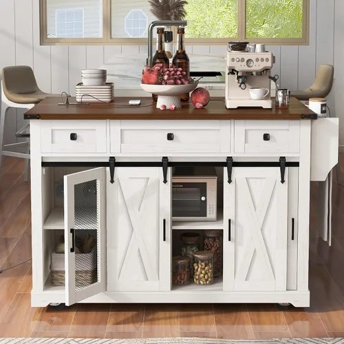Miniatura 8 de Isla de cocina de 2 hojas caídas sobre ruedas, carrito de cocina rodante con tomas de corriente, mesa de isla de cocina con 2 gabinetes