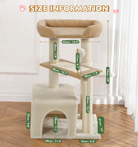 Miniatura 2 de Made4Pets - Árbol para gatos, torre de gato con alfombra gris para gatos de interior, lindo condominio de madera para gatitos con poste para rascar