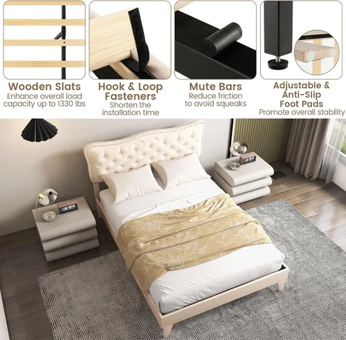 Miniatura 7 de Giantex Base de cama tamaño Queen color beige, plataforma tapizada de tela de lino con cabecera de clavos, base de colchón con botones y listones