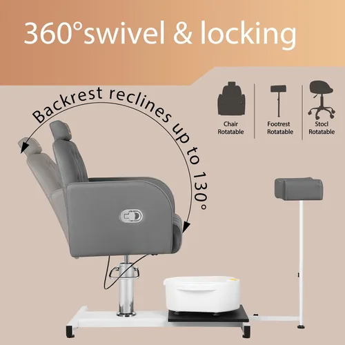 Miniatura 8 de Silla de pedicura con baño de pies de masaje para tecnología de uñas y baño de pies, silla de pedicura con rotación de 360 ° en altura ajustable