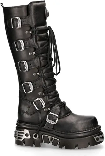 Miniatura 3 de New Rock Botas altas góticas Emo de cuero negro metálico 272-S1 para hombre con cierre de encaje y hebilla