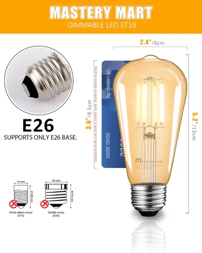 Miniatura 2 de MASTERY MART Bombilla LED vintage E26 regulable, luz blanca cálida de 2200 K, equivalente a 5.5 W 60 W, estilo Edison ST19 de vidrio, bombilla