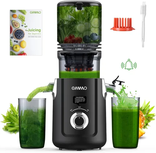 OMMO Máquinas exprimidoras de prensa en frío: 5.1 pulgadas de ancho de alimentación exprimidor de masticación lenta para frutas y verduras enteras,