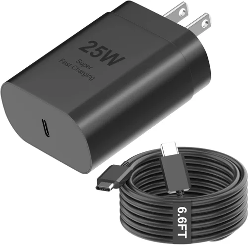 Cargador de pared Samsung USB-C de carga súper rápida, adaptador de cargador PD de 25 W con cable tipo C (6.6 pies) para Samsung Galaxy S26/S26