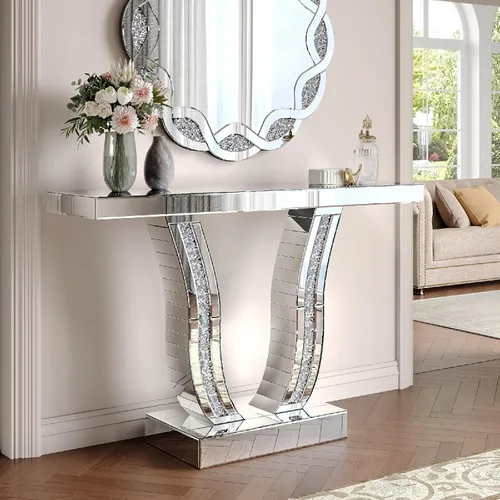 Miniatura 12 de Mesa consola con espejo de 55 pulgadas, mesa larga para sofá de sala de estar, oficina, detalles de cristal de diseño hexagonal, moderno escritorio