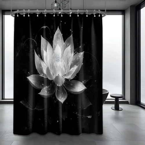 Miniatura 26 de Cortina de ducha con flores de loto negro y azul para decoración de baño, juego de cortinas decorativas de baño con estampado floral, tela