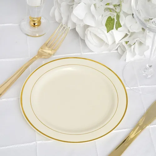 Miniatura 7 de Efavormart - Paquete de 10 platos redondos desechables de plástico Très Chic de 6 pulgadas con borde dorado, platos de postre de alta calidad