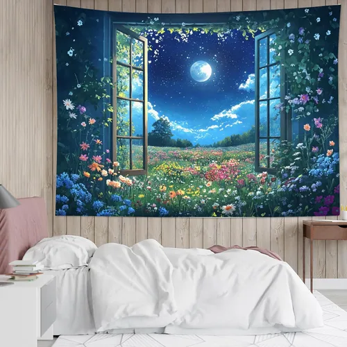 Miniatura 13 de LB Tapiz de cielo nocturno, luna llena en el mar, tapiz para colgar en la pared, tapiz de nube blanca de fantasía, tapiz de acuarela, arte de pared