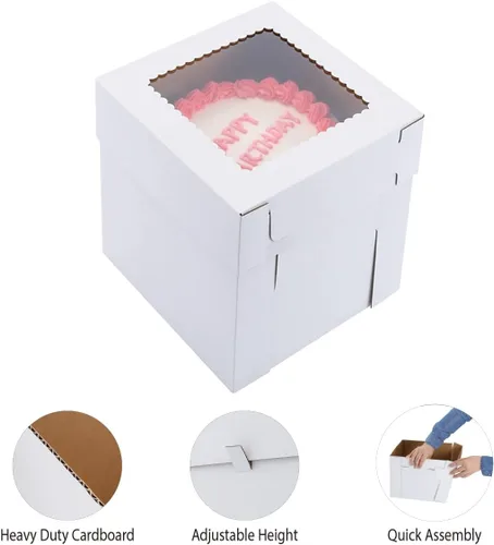 Miniatura 3 de Cajas altas para pasteles de nivel, 3 tamaños, 6 paquetes de 8 x 8 x 10, 10 x 10 x 12 y 12 x 12 x 12 pulgadas, caja de pastel alta blanca resistente