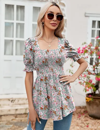 Miniatura 5 de LOMON Túnicas de mujer con cuello cuadrado, manga corta abombada, blusa peplum para mujer, camisetas 2025 primavera verano S-XL
