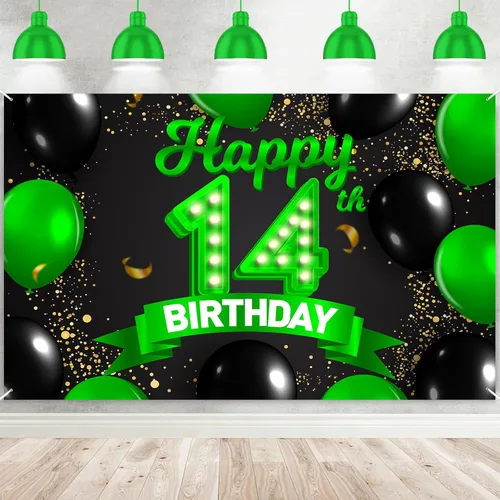 Miniatura 38 de Cartel de feliz cumpleaños 26 verde y negro, telón de fondo con texto en inglés "Cheers to 26 years old confeti", globos de confeti, decoración