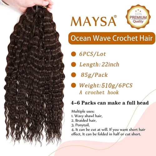 Miniatura 2 de MAYSA Extensiones de cabello sintético de ganchillo con ondas oceánicas, color 4 marrón, 22 pulgadas, rizado trenzado, extensiones de cabello
