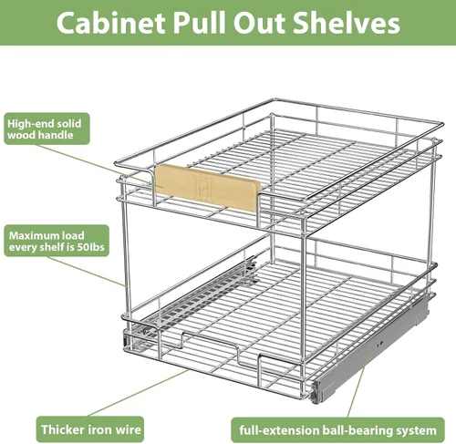 Miniatura 8 de ROOMTEC Organizador de gabinete extraíble con mango de madera, 19½ pulgadas de ancho x 21½ pulgadas de profundidad, 2 niveles, cajones extraíbles