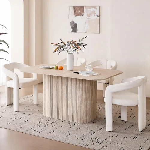 Miniatura 18 de Juego de 4 mesas de comedor grandes de 63 pulgadas para 4, esquinas redondeadas, mesa de cocina rectangular moderna de madera con sillas Boucle