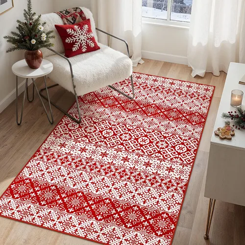 Miniatura 13 de Alfombra de Área Navideña 2x3 pies Copo de Nieve Rojo Tapete Decorativo Navideño para Entrada Cocina Lavable Antideslizante Suave Pelo Bajo Alfombra