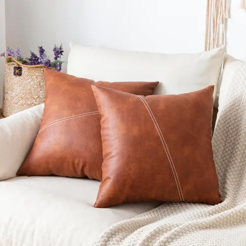 Fundas de almohadas de cuero de imitación modernas y decorativas en color marrón, juego de 2 de 18x18 pulgadas, fundas de almohada estilo bohemio y