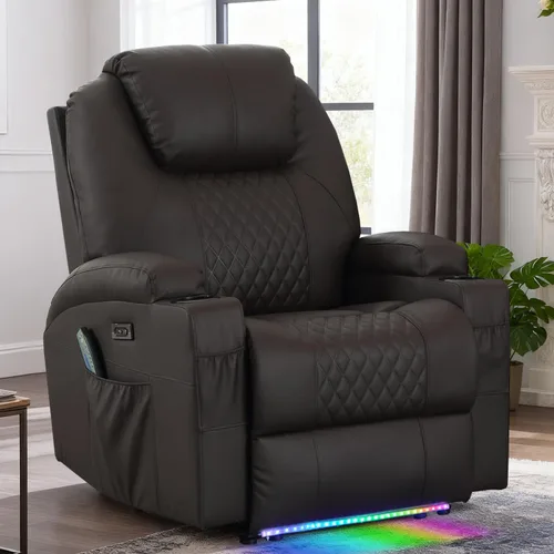 Miniatura 15 de Silla reclinable eléctrica con calor y masaje para adultos, asiento de cine en casa con luces LED, portavasos, bolsillo lateral, puerto USB, sofá