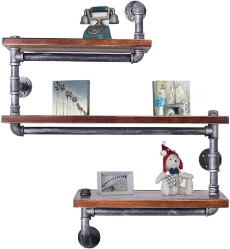 Miniatura 10 de Estantería de tubo industrial Pipe, madera moderna rústica, 3 estantes de pared de tubos escalonados, tubo de hierro forjado, estantería de diseño