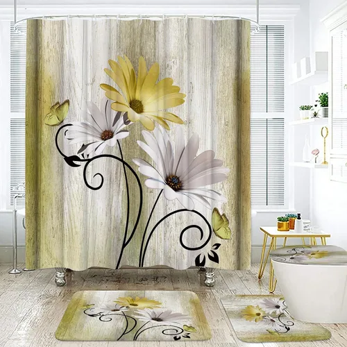 Miniatura 9 de Onalasyc Juego de 4 Piezas de Cortinas de Ducha con Flores de Margaritas Azules y Plantas, Cortina de Ducha y Alfombra y Accesorios, Juego