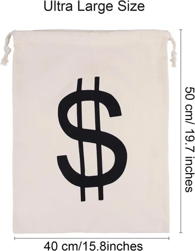 Miniatura 2 de Boao Bolsas de dinero extra grandes de 19.7 x 15.8 pulgadas, bolsa de lona con cordón y símbolo de dólar para recuerdo de juguete, fiesta temática