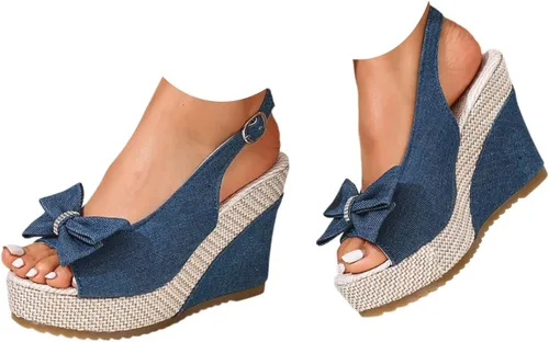 Miniatura 10 de Sandalias de cuña de mezclilla para mujer 2026 con puntera abierta, alpargatas con lazo, zapatos casuales de playa de verano para viajes, fiestas