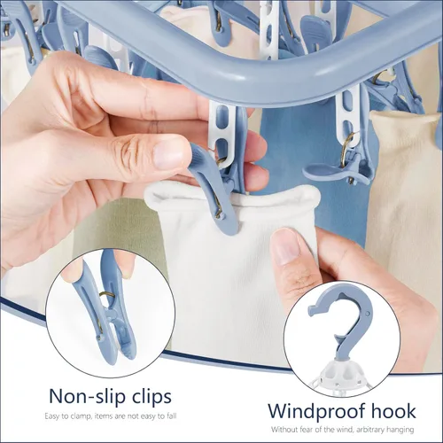 Miniatura 5 de Tendedero de ropa con 32 pinzas para la ropa, estantes de secado plegables Bule, gancho giratorio de 360° para secar toallas, sujetadores, ropa