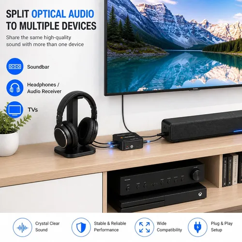 Miniatura 7 de J-Tech Digital Divisor de audio óptico 1x3, 1 en 3 salidas Toslink SPDIF Divisor de audio digital para TV, barra de sonido, cine en casa, audio