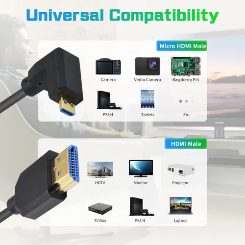 Miniatura 4 de Duttek Cable de extensión HDMI a Micro HDMI de 90 grados de 8K, 48 Gbps, 8 K a 60 Hz, ángulo descendente micro HDMI macho a HDMI hembra cable