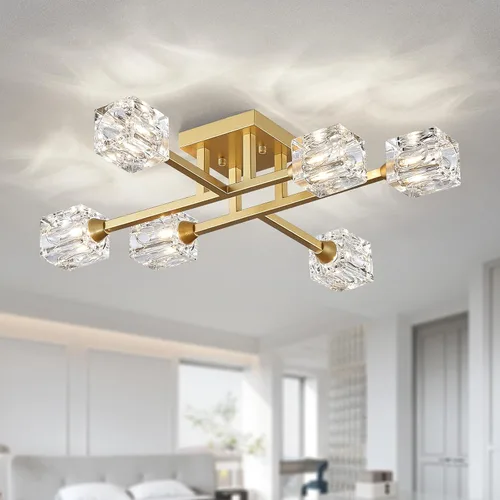 Miniatura 23 de XINGQI Lámpara de techo moderna de 6 luces, lámpara de montaje semiempotrado Sputnik, lámparas de araña doradas en negro para recámara, comedor