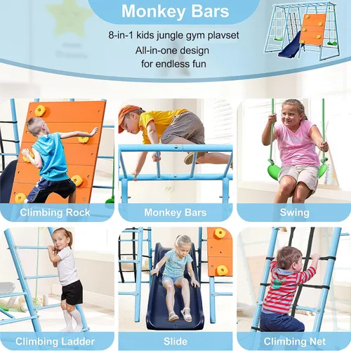 Miniatura 4 de Parque infantil interior 6 en 1, gimnasio de la selva de metal con pared de escalada, tobogán, barras horizontales, escaleras de cuerda y dos