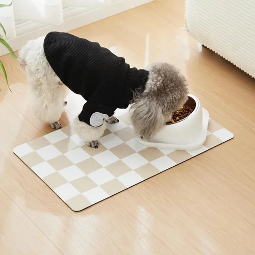 Miniatura 3 de Alfombrilla de alimentación para perros a cuadros, tapetes absorbentes para tazón de comida y agua para perros, dispensador, estética retro beige