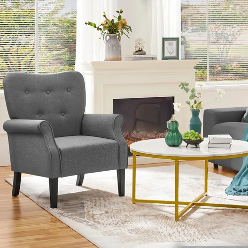 Miniatura 4 de Topeakmart Silla decorativa de tela, sillón moderno de poliéster con patas de madera, respaldo alto y cómodo asiento acolchado para sala de estar
