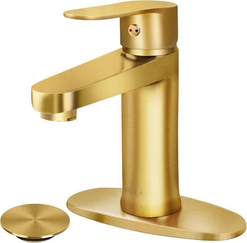 Miniatura 13 de SOKA Grifo dorado para lavabo de baño con cascada, grifo de lavabo de un solo orificio con drenaje emergente, grifo moderno para fregadero de tocador